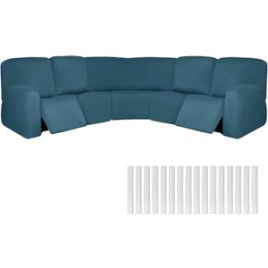 Peryiter 7 Pcs L Shape Sectional Recliner Sofa Covers 5 Seat Sectional Couch Covers Milk Silk Velvet Stretch Reclining Sofa Slipcover Furniture Protector for Living Room(Peacock Blue,Milk Silk)
