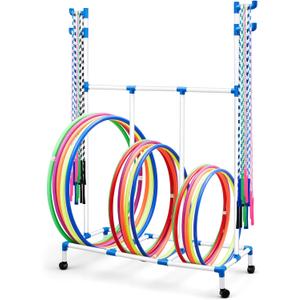 Hoop Rope Cart Plastic Hoop Jump Rope Rack Cart with Wheels PE Equipment Rack for Elementary School Primary School Movable Garage Rolling Ball Holder Gym Sports Gear, 48 x 74 x 21.65 Inch
