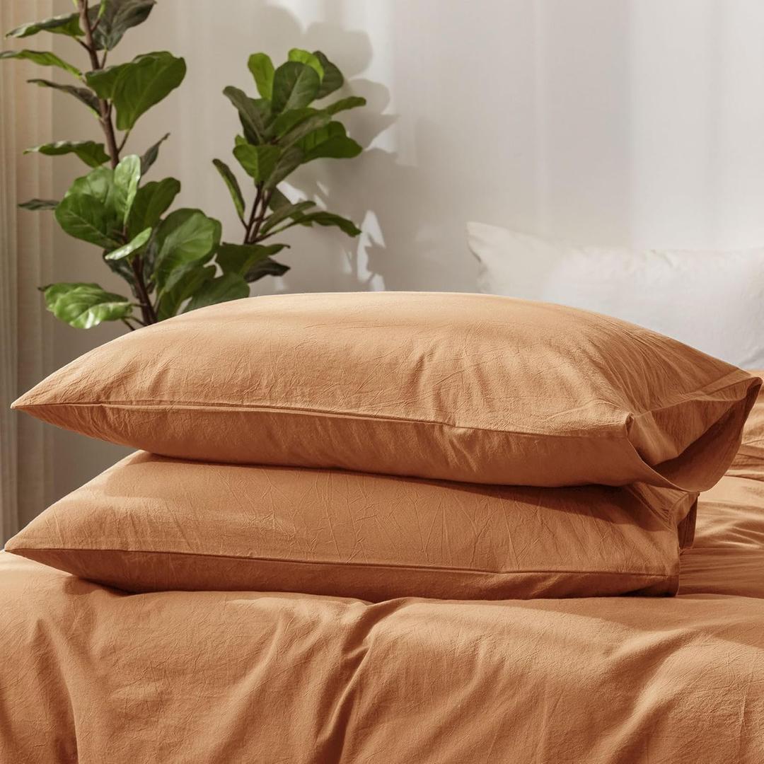 MooMee Bedding Pillowcases Pack of 2 100% Washed Cotton Linen Like Textured Breathable Durable Soft Comfy (Solid Dark Orange, King)