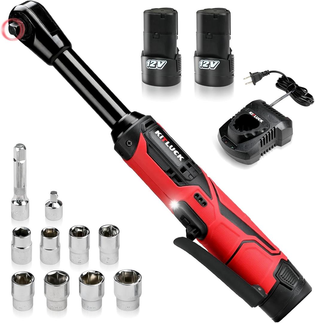 KITLUCK Cordless Electric Ratchet Wrench Set, 3/8" 12V Extended Power Ratchet Tool Kit, 41 Ft-Lbs Cordless Ratchet with 8 Sockets, 1/4" adapter, LED Light, 2-Pack 2000mAh Battery And Charger