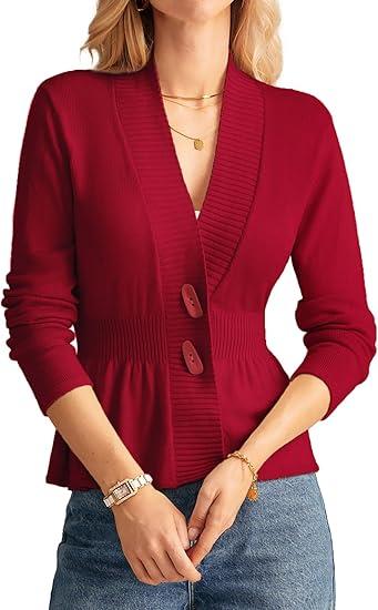 GRACE KARIN Women Cardigan Sweaters 2025 Fall,Long Sleeve Cropped Sweater Coat Trendy,Button Front Peplum Tops Lightweight, XL Red