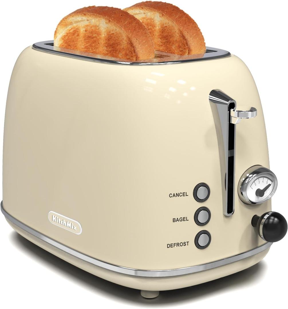 Toaster 2 slice, KitchMix Retro Stainless Steel Toaster with 6 Settings, 1.5 In Extra Wide Slots, Bagel/Defrost/Cancel Function, Removable Crumb Tray (Cream)