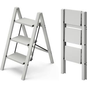 HillhutApex 3 Step Stool, Aluminum Foldable Step Ladder, Lightweight Stable Stool with Wide Non-Slip Pedals, 330lbs Bearing Capacity Ladder for Office,Home, Kitchen - Grey