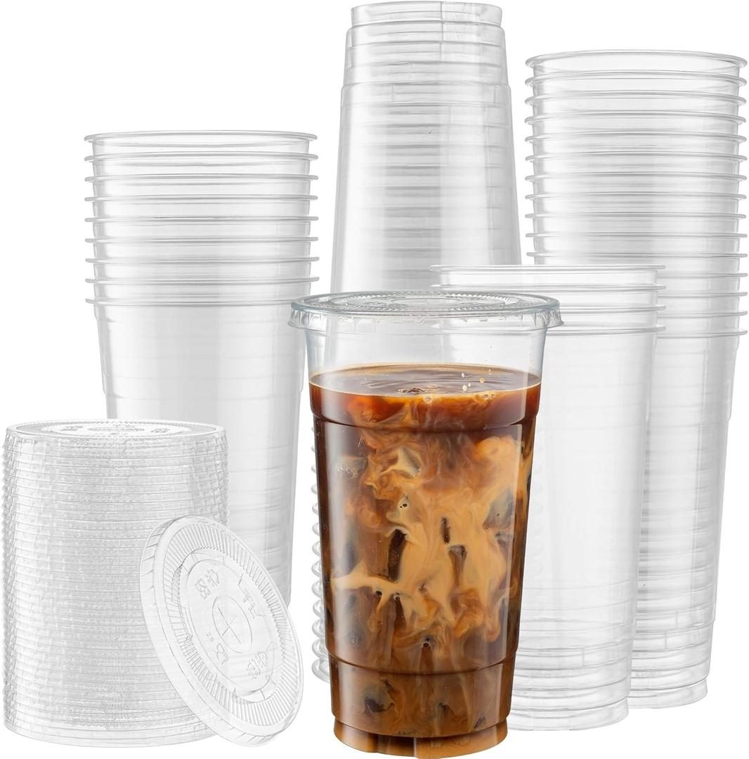ELEGANT DISPOSABLES Crystal Clear PET Cups With Flat lids for Iced Coffee (32 oz)