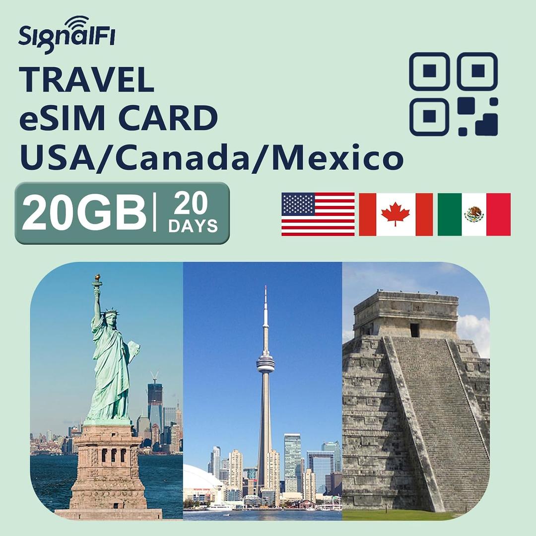 USA Canada Mexico eSIM Card 20GB 20 Days,Data ONLY, No Voice/SMS | Prepaid Card 4G High-Speed Data Plan, Travel eSIM for Tri-Country Coverag, Multi-Carrier for Unlocked iOS and Android
