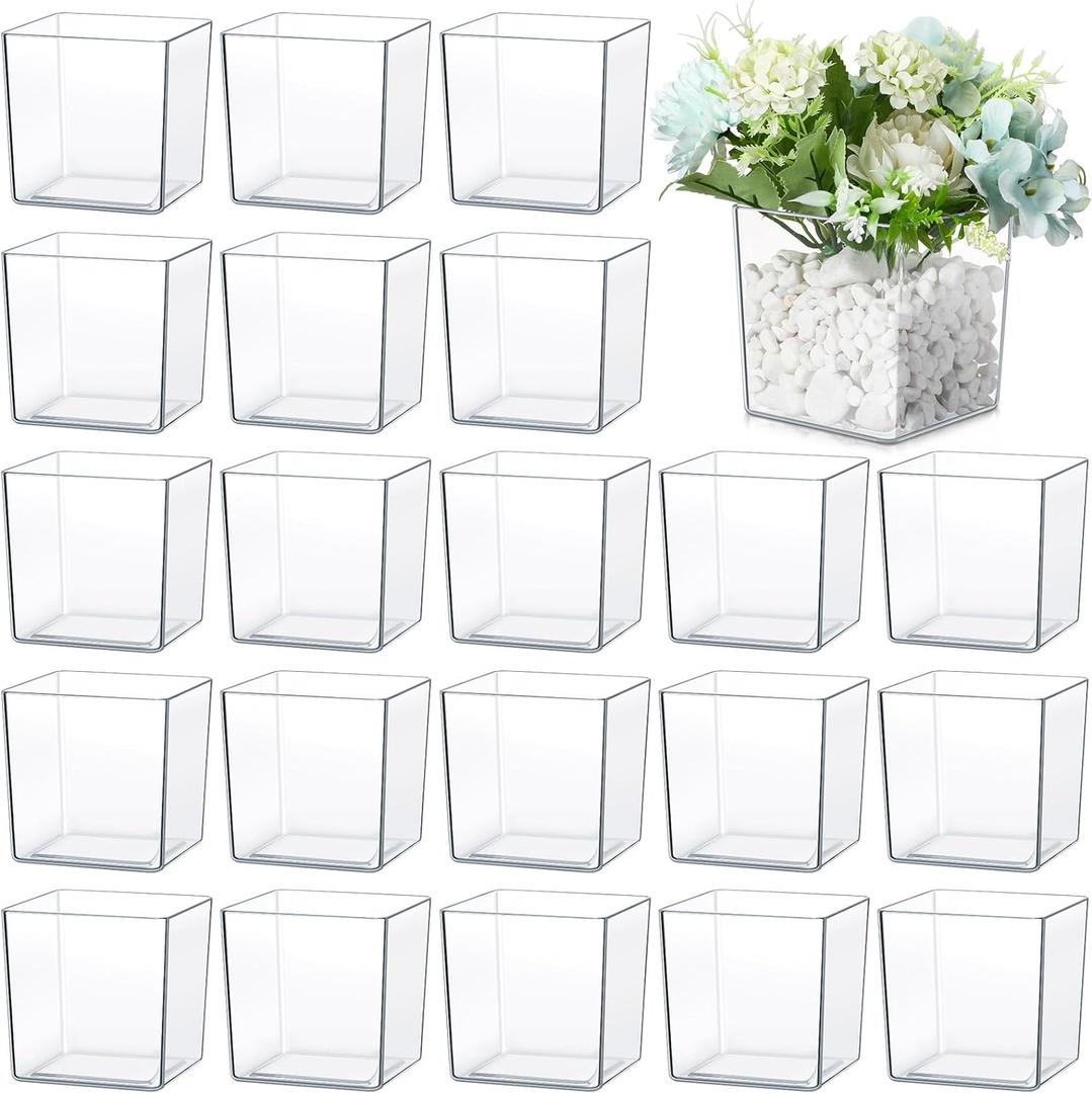 Tioncy 4'' x 4'' 24 Pcs Cube Clear Flower Vase Acrylic Flower Vase Square Acrylic Container Cube Decorative Centerpiece for Plant Home Office Floral Decor