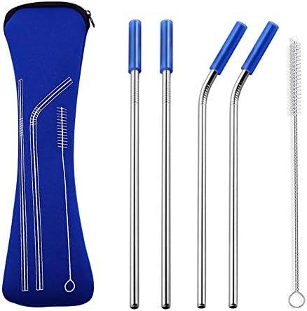 Gteller 8.5 inch Stainless Steel Metal Straws with Carrying Zipper Pouch Bag, Silicone Tips and Cleaning Brush (Set of 4) BPA Free Reusable and Portable (Dark Blue)