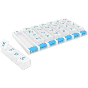EZY DOSE Weekly (7 Day) 4 Times a Day Push Button Pill Organizer and Vitamin Planner, Removable Daily Pillboxes, Blue, Clear Lids, Large, BPA Free