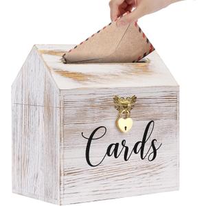 Card Box Wedding Card Box for Reception, Vintage Large Wedding Gift Card Holder Box with Heart Lock, Big Wedding Card Envelope Holder Box with Lid Wood Card Box for Wedding Party, White