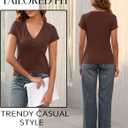 Prettywear Women's V Neck T Shirt Short Sleeve Summer Shirts Cotton Tops Basic Casual Trendy Tee (Brown, S)