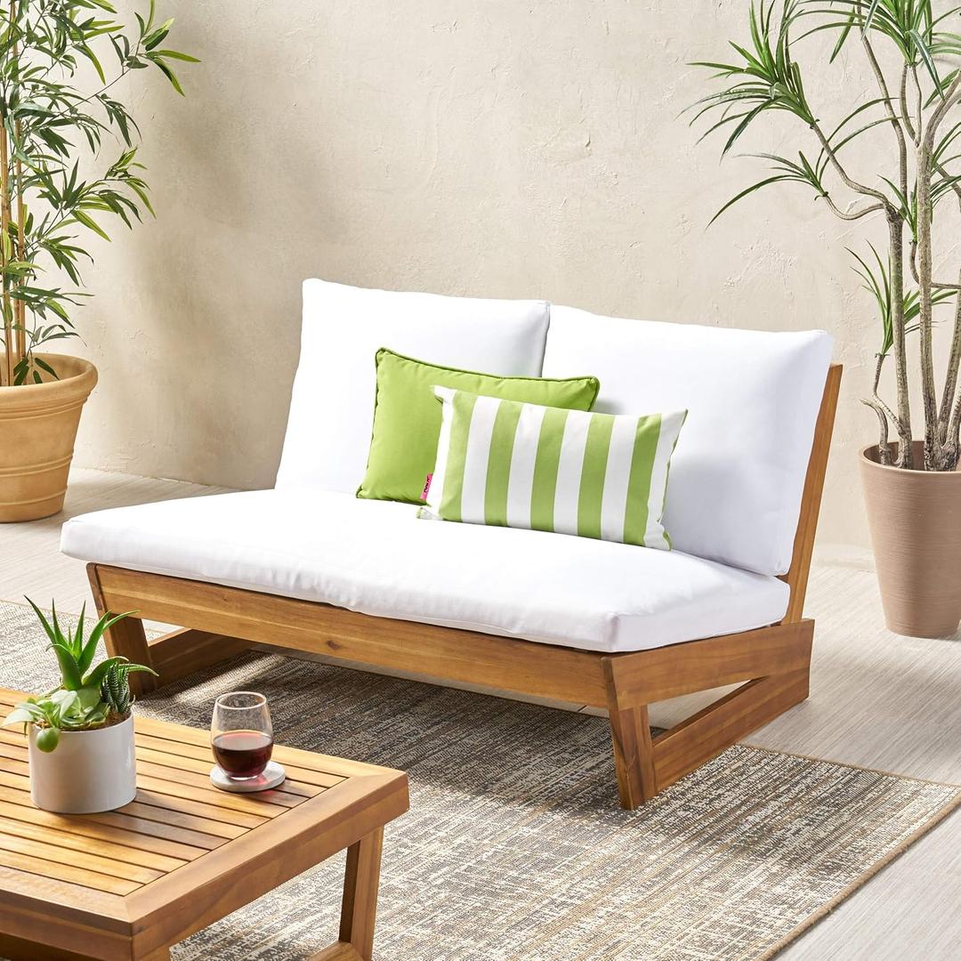 Great Deal Furniture Kaitlyn Outdoor Acacia Wood Loveseat with Cushions, Teak and White