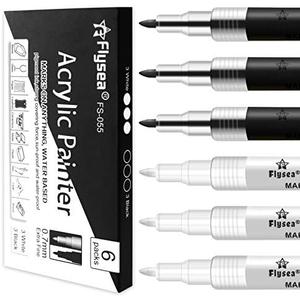 EBOT Acrylic Paint Pen White Black, 6 Pack Black Paint Markers for Rock Wood Fabric Plastic Leather Glass Stone Metal Canvas,Water-Based Acrylic Paint Sets
