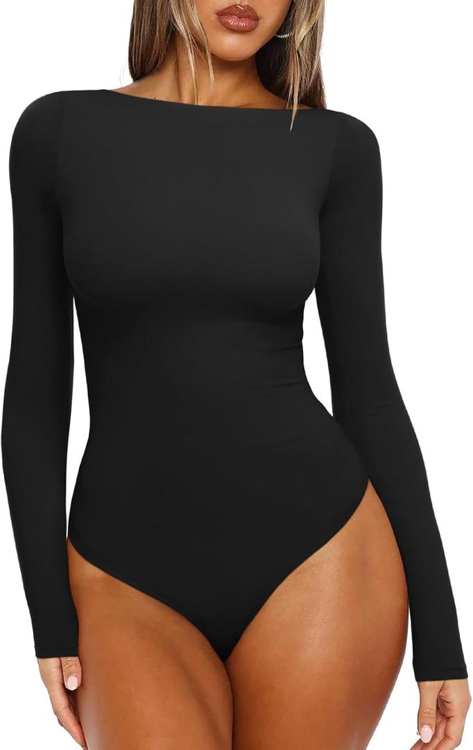 REORIA Women's Boat Neck Long Sleeve Bodysuit Basic Going Out Body Suits Tops 2025 (Black)