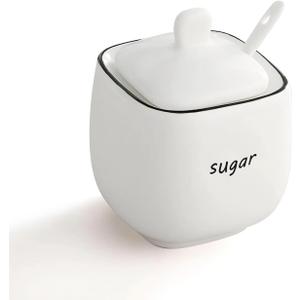 12oz Sugar Bowl with Lid and Spoon - Ceramic Sugar Jar Dispenser for Coffee Bar Kitchen Countertop Canister Salt & Spice Container - White (12, ounces)