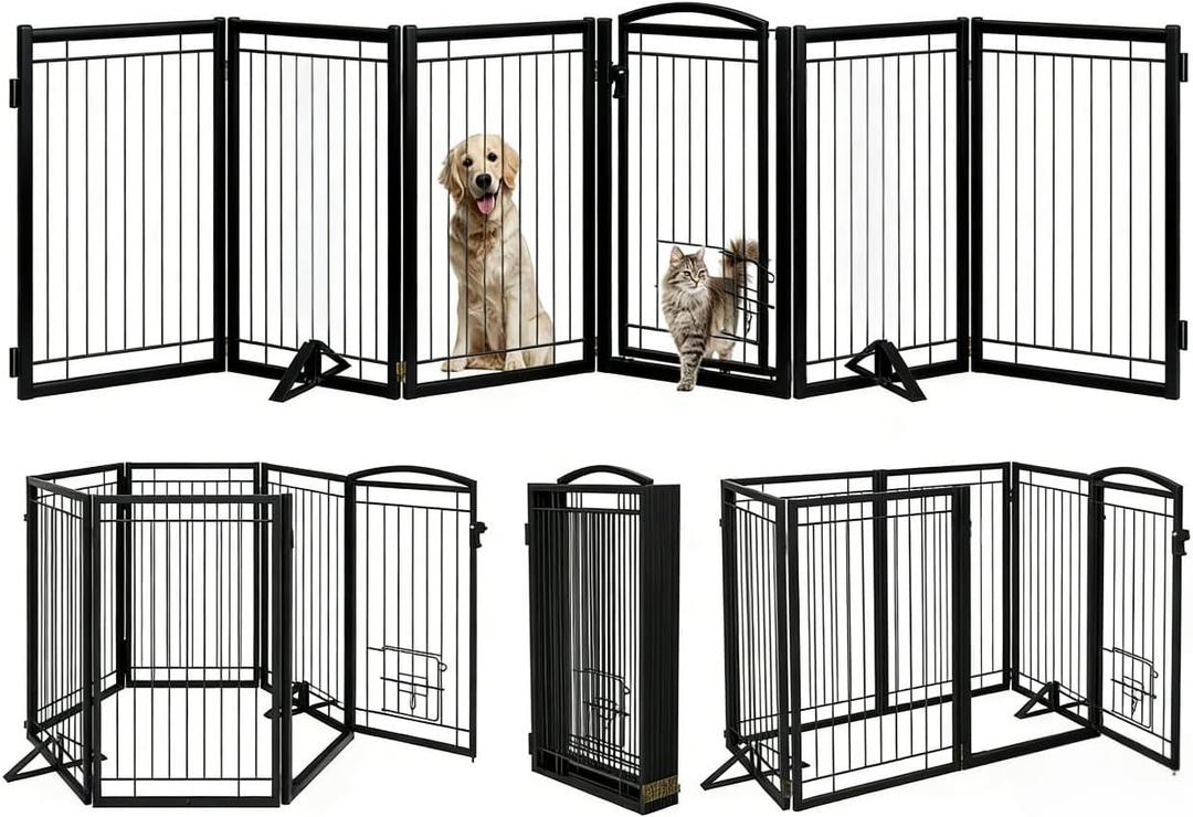 Metal Free Standing Dog Gate with Cat Door for Indoor/Outdoor,120" Extra Wide Foldable Pet Gate,32" Tall Foldable Indoor Dog Fence for Large Openings Stairs,Deck,Yard,Doorways(6 Panels,Black)