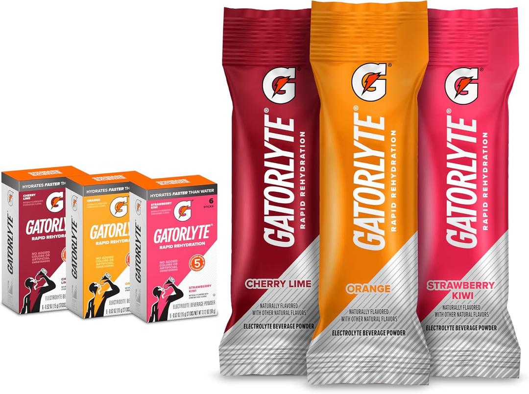 Gatorlyte Rapid Rehydration Electrolyte Beverage, Variety Pack, Lower Sugar, Specialized Blend of 5 Electrolytes, No Artificial Sweeteners or Flavors, 18 pack, 1 pack mixes with 16.9oz (500ml) water (EXP 10/16/26)