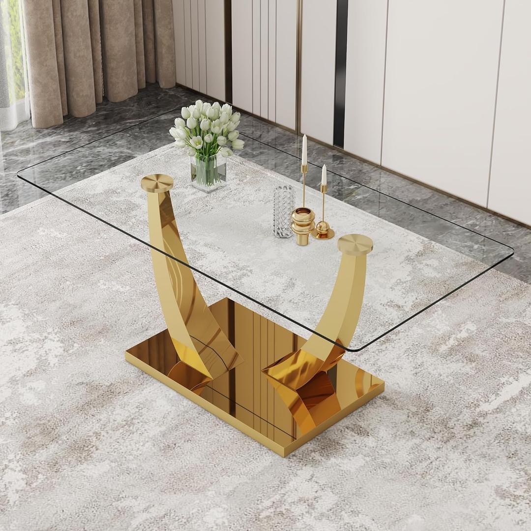 JEARGE Glass Dining Table, 63" Dining Room Table for 4-6 People, 71" Tempered Glass Tabletop with U-Shaped Golden Base, Dinner Table in Dining Room, Living Room
