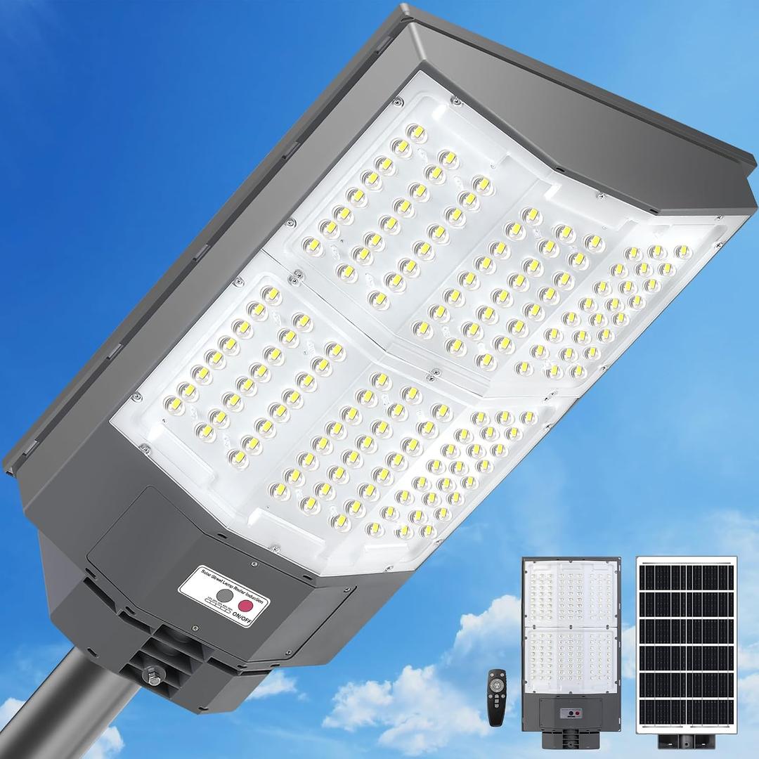 10500W Solar Street Lights Outdoor, 650000LM 7000K Solar Parking Lot Lights Dusk to Dawn 40000mAh IP67 Waterproof Pole Security Flood Lamps with Motion Sensor and Remote for Yard, Garage, Driveway,  136A-L