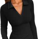 VICHYIE Womens Long Sleeve Shirts Lapel Collared V Neck Slim Fitted Ribbed Knit Trendy Tight Polo Tops (Black, M)