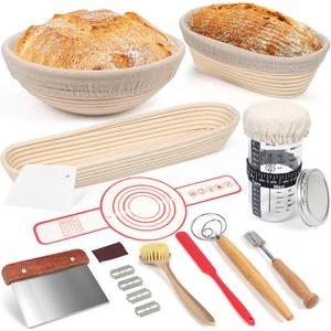 Banneton Bread Proofing Basket Set, 11 Inch Sourdough Proofing Basket and Bread Baking Supplies-Bread Lame, Danish Whisk, Bowl & Dough Scraper, Brush, (3 Bread Proofing Baske and Jar)