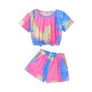 Noubeau Girls Summer Tie-Dye Outfits Elastic Drawstring T-Shirt Crop Top and Elastic Waist Shorts Set with Side PocketsPink- Blue,13-14 Years