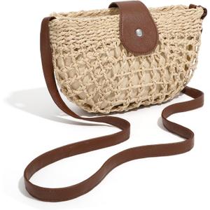 Straw Bag Beach Purse Summer Purses for Women Vacation Handbags Woven Crossbody Bags Straw Shoulder Bag (Beige)
