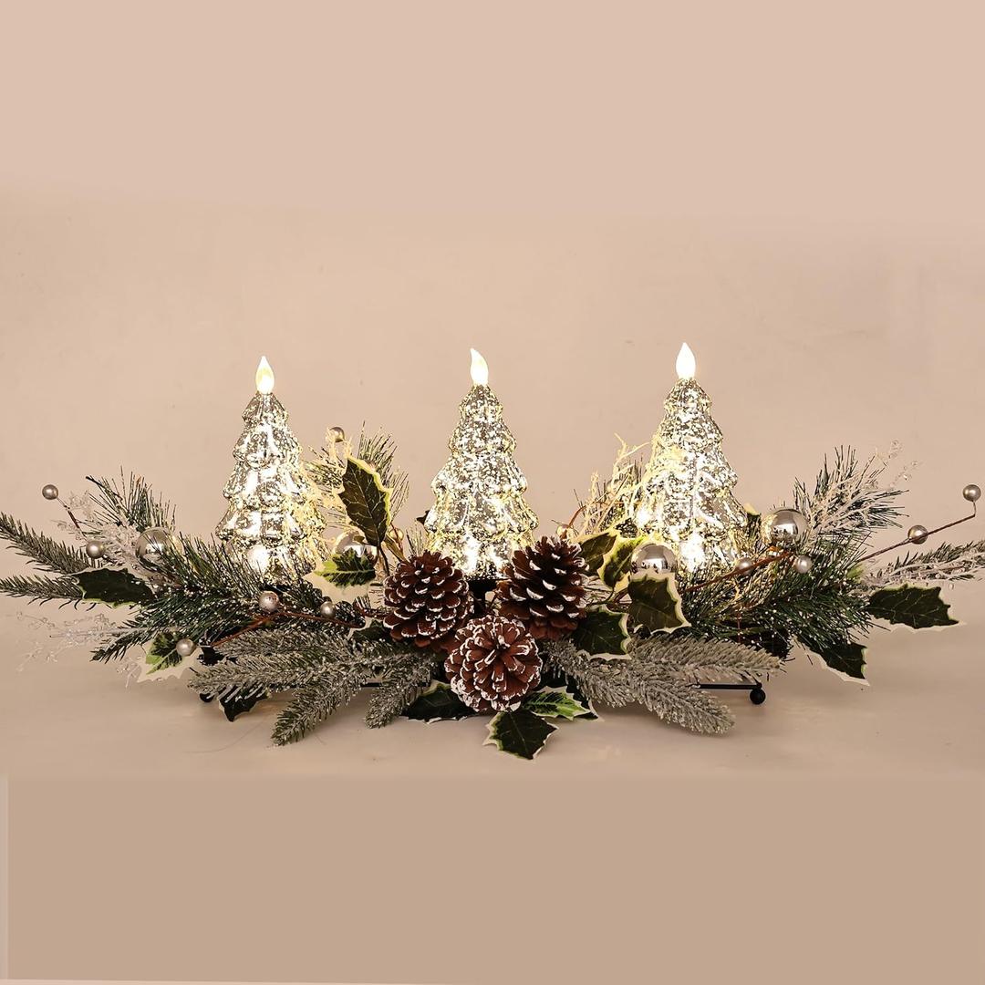 Christmas Table Centerpiece with LED Lights, Silver Christmas Tree Decoration, Natural Pine Cones, Christmas Balls for Holiday Party, Home, Fireplace