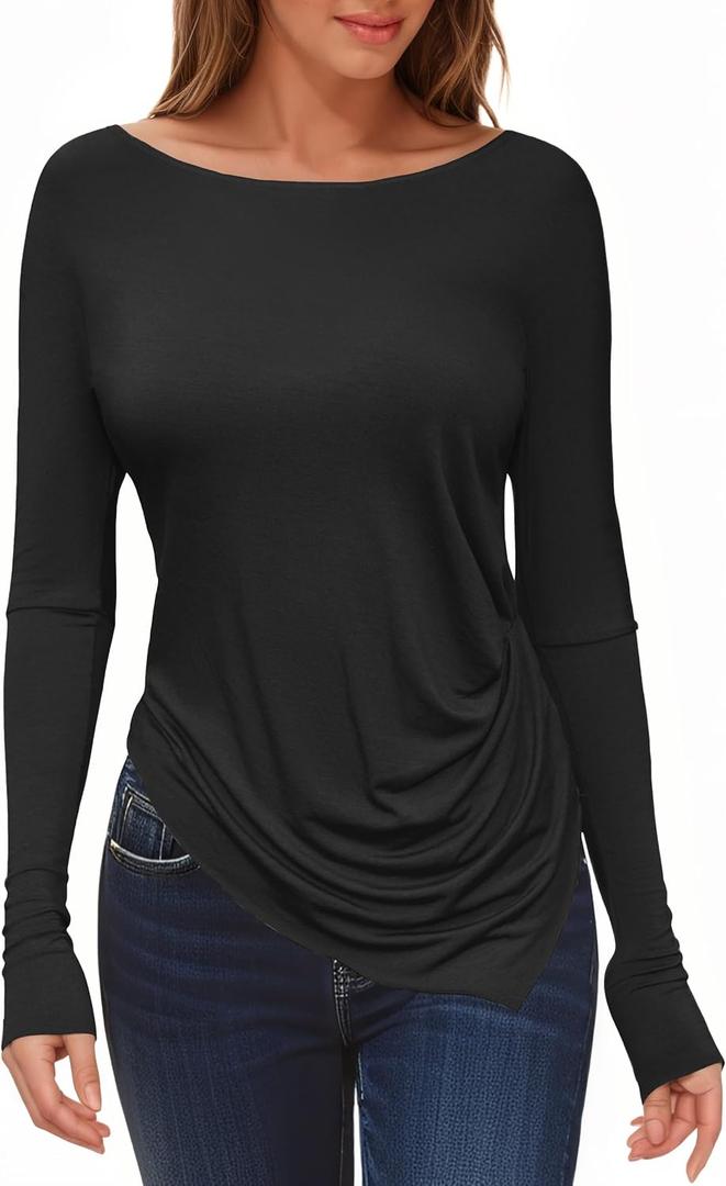 Tankaneo Womens Boat Neck Long Sleeve Tops Ruched Asymmetric Hem Fitted T-Shirts Casual Yoga Workout Tees Black, L