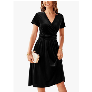 OUGES Womens Short Sleeve Wrap V Neck Velvet Midi Cocktail Dress with Pockets Summer Dress 2023, Size 2XL