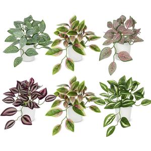 Hollyone Fake Plants Pack of 6 Artificial Plants Indoor Faux Plant with White Plastic Pot Small Fake Potted Plant for Home Aesthetic Living Room Bathroom Desk Shelf Office Decor (Style 5)