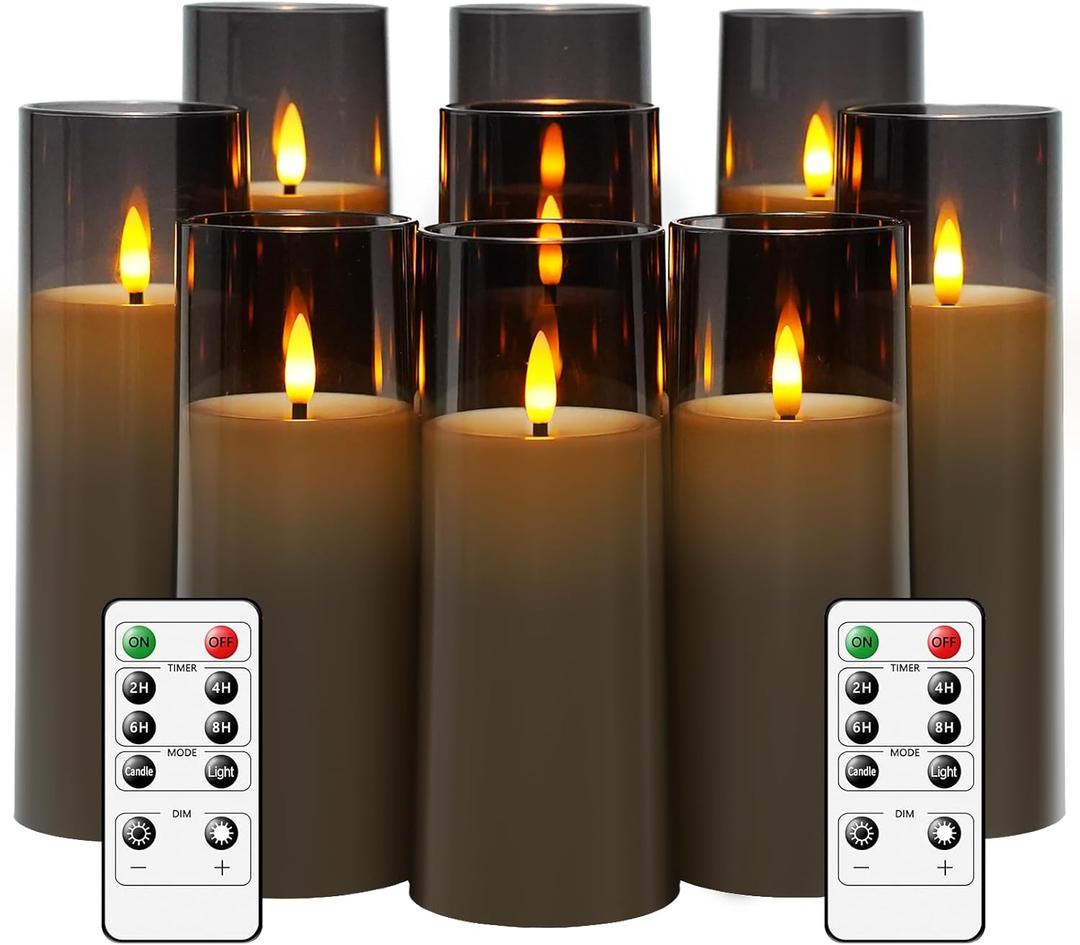 Flickering Flameless Candles Battery Operated with Remote and 2/4/6/8 H Timer Plexiglass Led Pillar Candles Pack of 9 (D2.3 xH5.5 6.5" 7.5") with Realistic 3D Wick Candles for Home Decor(Grey)