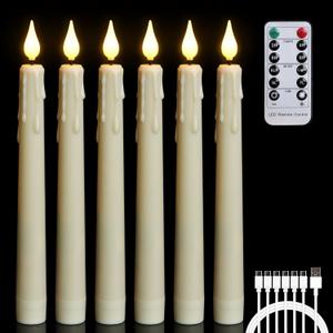FREEPOWER 6PCS Rechargeable LED Flameless Taper Candles with Remote Timer,Battery Operated Flickering Realistic Window Candles with 3D Wick for Home Wedding Christmas Decor,0.78 X 8.26 Inch(Ivory)