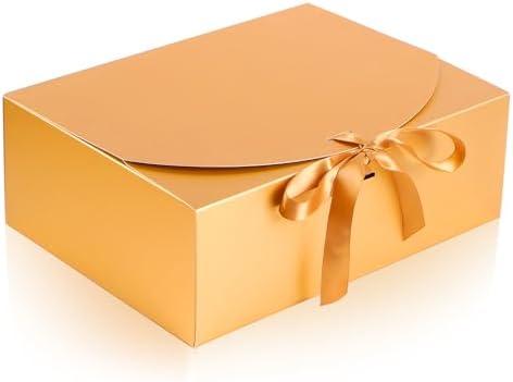 NEWSNOW 10PCS Gift Boxes with Lids, 10x7.5x3.5 Inch Paper Gift Box, with Ribbon, Bridesmaid Proposal Box for Wedding, BirthdayPackaging, Present (Gold)