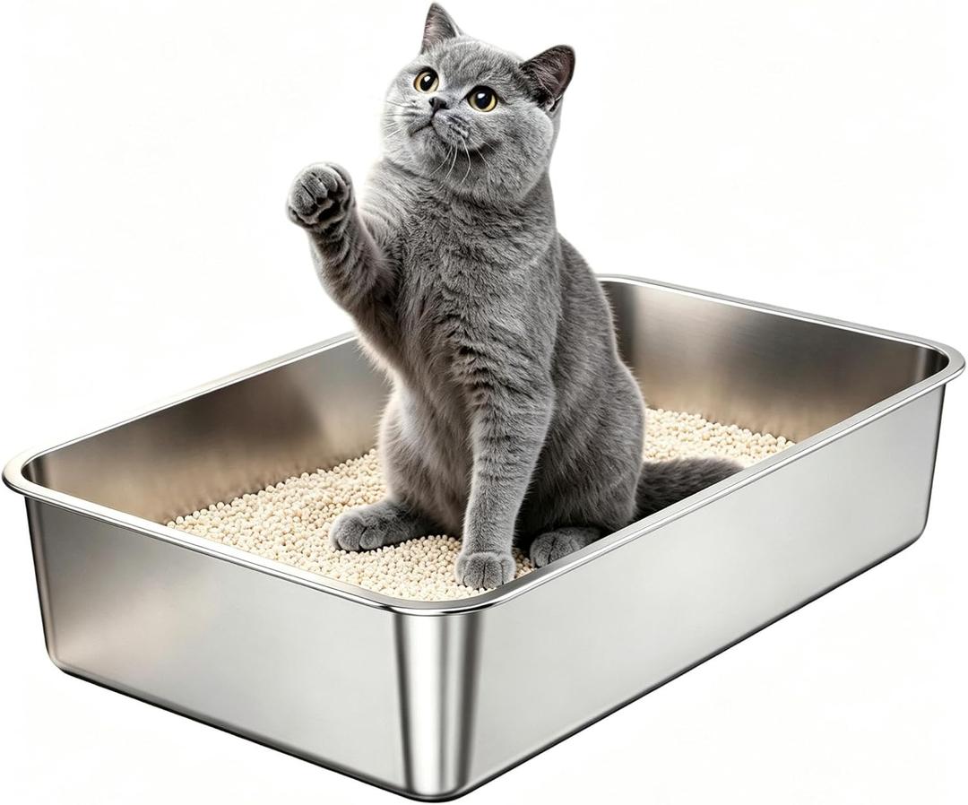 Stainless Steel Cat Litter Box with High Sides, Large Metal Litterbox Pan, Odor-Free & Non-Stick Smooth Surface, Leakproof One-Piece Kitty Litter Tray for Indoor Cats, Kittens, (XL)