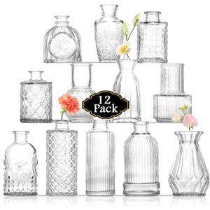 Bud Vases Set of 12, Small Glass Vases for Centerpieces, Small Flower Vases for Centerpieces, Vintage Mini Vase, Clear Bud Vase for Wedding Table Decor