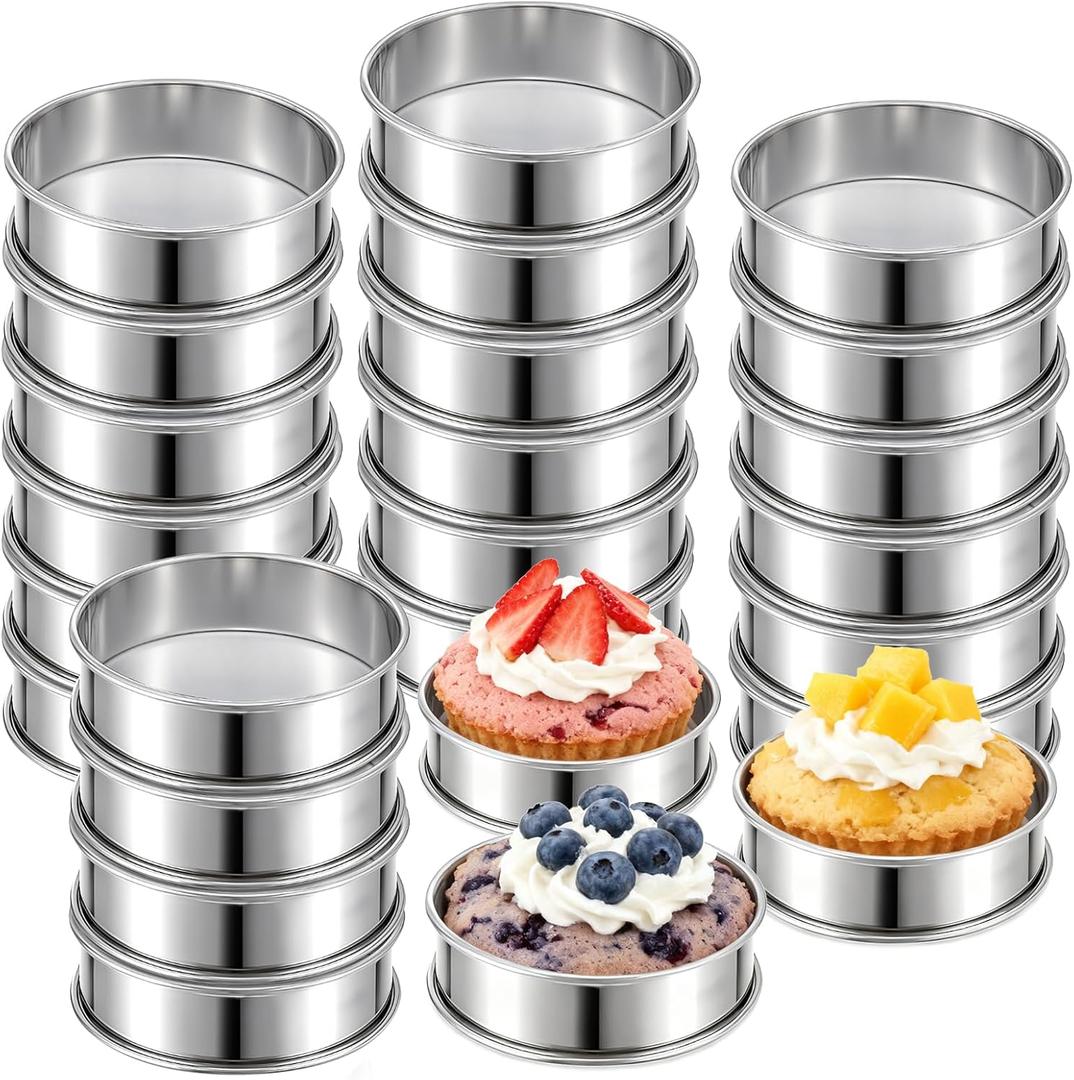 COMNICO 25 Pcs English Muffin Rings, Stainless Steel Double Rolled Crumpet Rings Metal Round Muffin Tart Molds Cooking Pastry Ring Molds for Home Baking