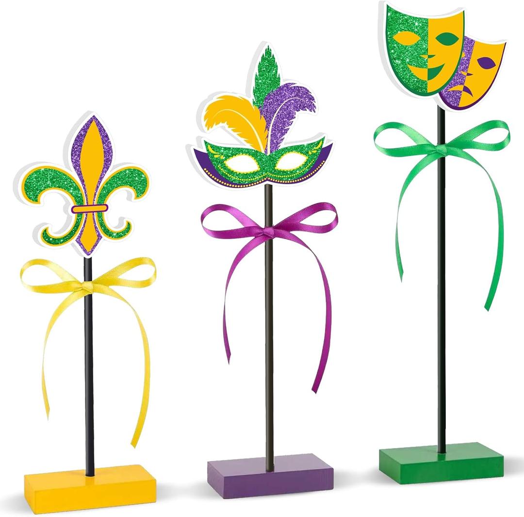 Mardi Gras Table Decorations Wooden Set,Glitter Mardi Gras Tiered Tray Decor for Home Party Room