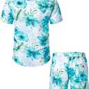 JOGAL Men's Flower Casual Button Down Short Sleeve Hawaiian Shirt Suits (L)
