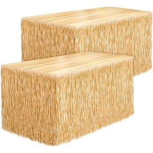 Fovths 2 Packs Luau Grass Table Skirt Fringe Dark Straw Grass Skirt 108 x 30 Inch Hibiscus Hawaiian Table Skirts Rectangle Tropical Luau Party Decorations for Hawaiian Decorations