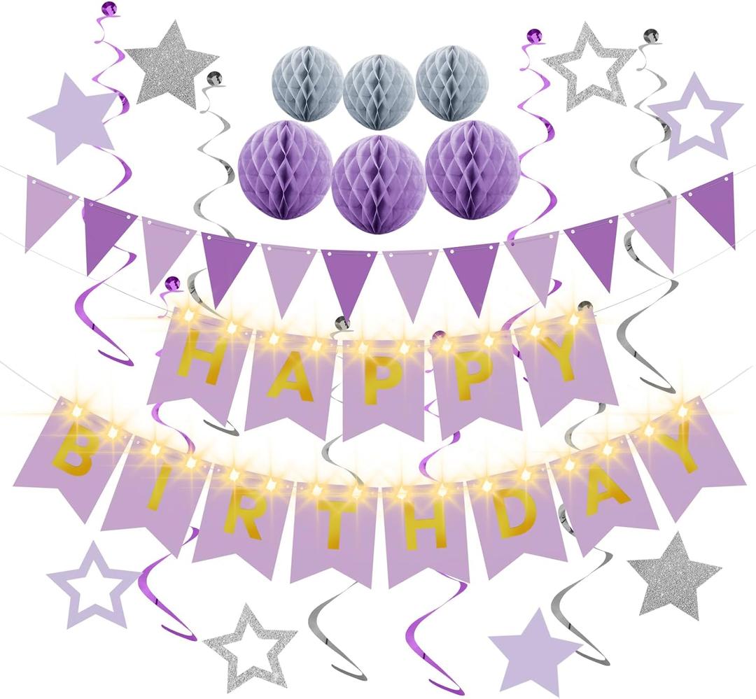 Birthday Decorations,Purple Happy Birthday Banner with Fairy lights,Pennant Banner,Honeycomb Balls and Star Hanging Swirls Streamer Happy Birthday Party Decorations for Women Men Boys Girls