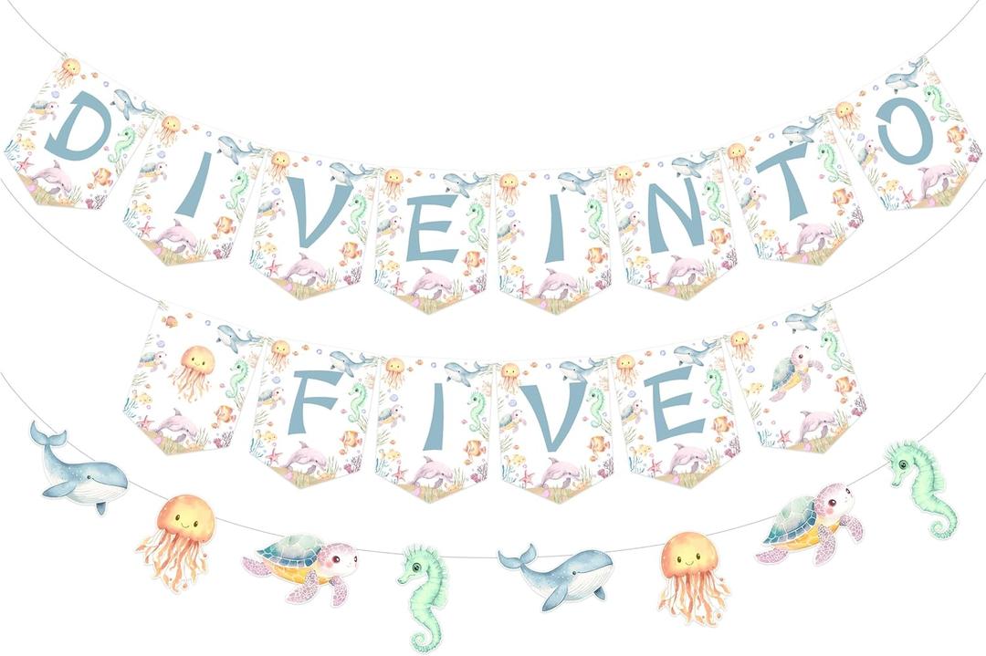 Under The Sea Theme 5th Birthday Party Decorations, Sea World Dive Into Five Birthday Banner Decor, Ocean Creatures Underwater Animals 5 Years Old Garland Party Supplies