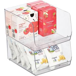 mDesign Wide Stackable Plastic Food Storage Organizer Bin Basket with Open Front for Household Kitchen Cabinets, Pantry, Offices, Closets, Bedrooms, Bathrooms - 10.2" Wide, 2 Pack - Clear