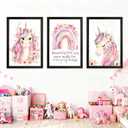 Cute Pink Unicorn Girl Quote Framed Wall Art Set of 3, Lovely Pastel Purple Rainbow Saying Sign for Baby Kid Toddlers, Cozy Watercolor Wooden Preschool Inspirational Flower Nursery Wall Decor Black