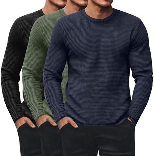 Ficerd 3 Pack Men's Waffle Long Sleeve Shirts, Crew Neck Thermal Underwear Tops Casual Pullover Sweaters Knit Undershirts.XL