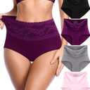 OLIKEME Cotton Underwear for Womens High Waisted Lace Brief Soft Tagless Postpartum C Section Panties 4 Pack, Medium