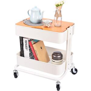 Melody House 2-Tier Metal Utility Rolling Cart Storage Side End Table with Cover Board for Office Home Kitchen Organization, Cream White
