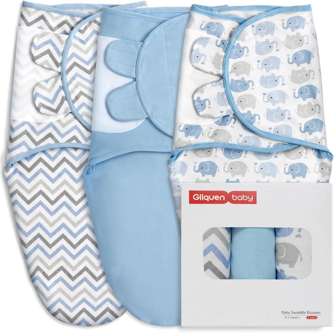 GLLQUEN BABY Swaddle Sleep Sack - 3 Pack Infant Swaddles for Newborn, Baby Swaddling Sack 0-3 Months, Ergonomic Newborn Swaddle Blanket for Baby Boy and Girl, Blue & Elephants, Small/Medium (0-3 Month)