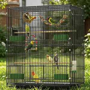 30-inch Folding Parrot Medium Bird Cage, Hanging Bird Cage for Parakeets Finches Canaries Lovebirds Cockatiels Budgies Small Quaker Conures Travel Pet Flight Birdcage with Swing and Perch