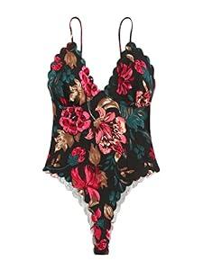 WDIRARA Women's Plus Size Floral Spaghetti Strap Camisole Scallop Trim Cami Bodysuit Top Multicolor 1XL