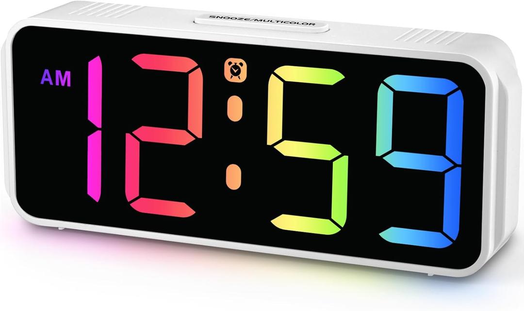 Peakeep Small Digital Alarm Clock Plug in for Kids Bedroom Bedside Nightstand, 8 RGB Colors Large Display Dimmable 6 Brightness, Corded Electric Battery Backup (White - RGB) (White With Colorful)